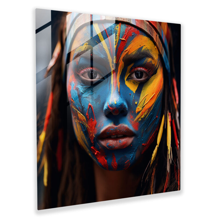 Woman: Glass Print - Woman, Colorful Tribal Face Paint, Strength, Wall Decoration