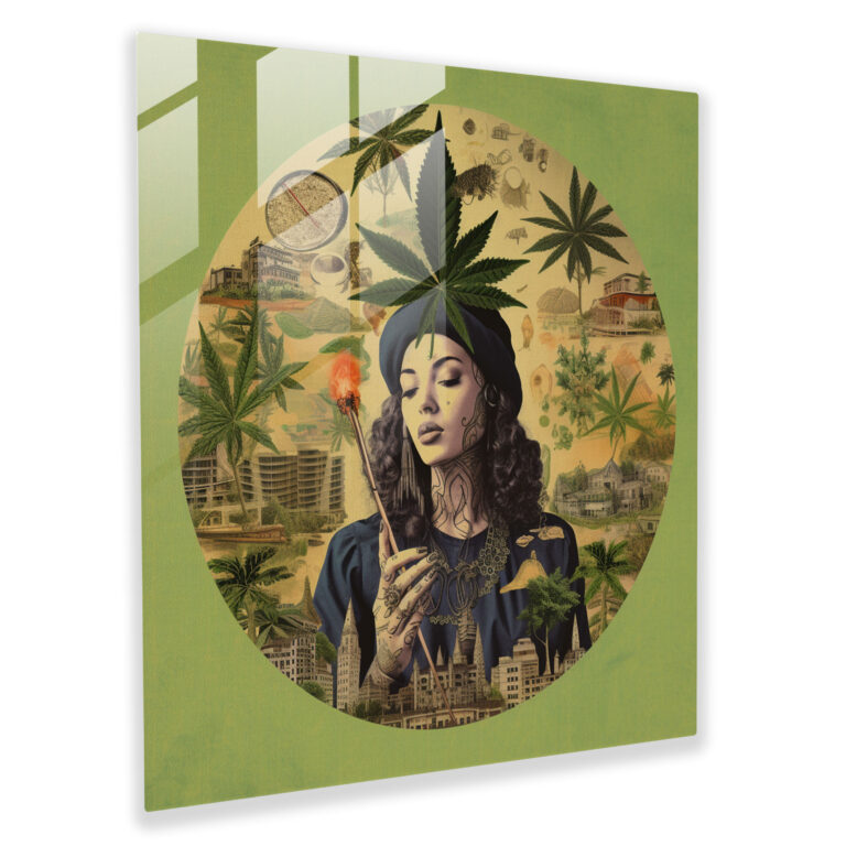 Nostalgic Weed Collage Glass Print - Weed, Cannabis Culture, Retro Aesthetics, Vintage Illustrations