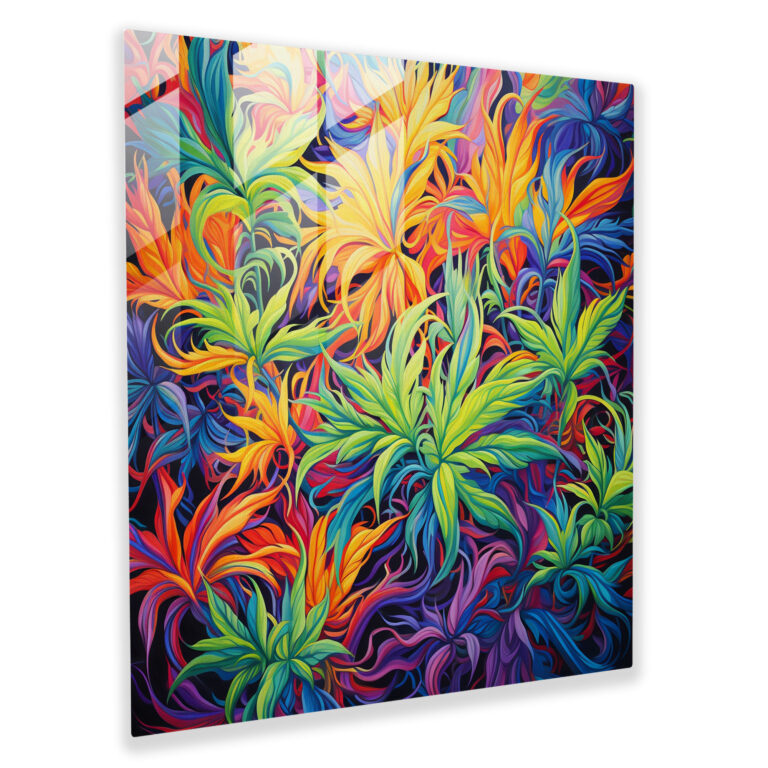 Weed Wonderland Glass Print - Weed, Vibrant Colors, Abstract Painting, Wall Decoration
