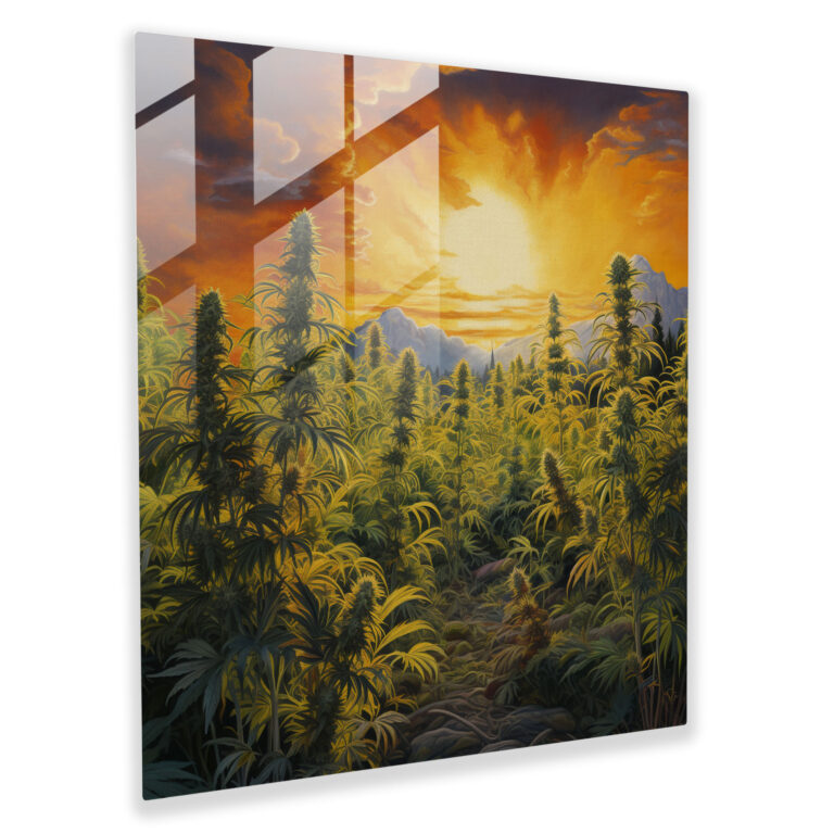 Golden Kush Field Glass Print - Weed, Golden Sunset, Oil Painting Masterpiece, Blooming Marijuana Plants