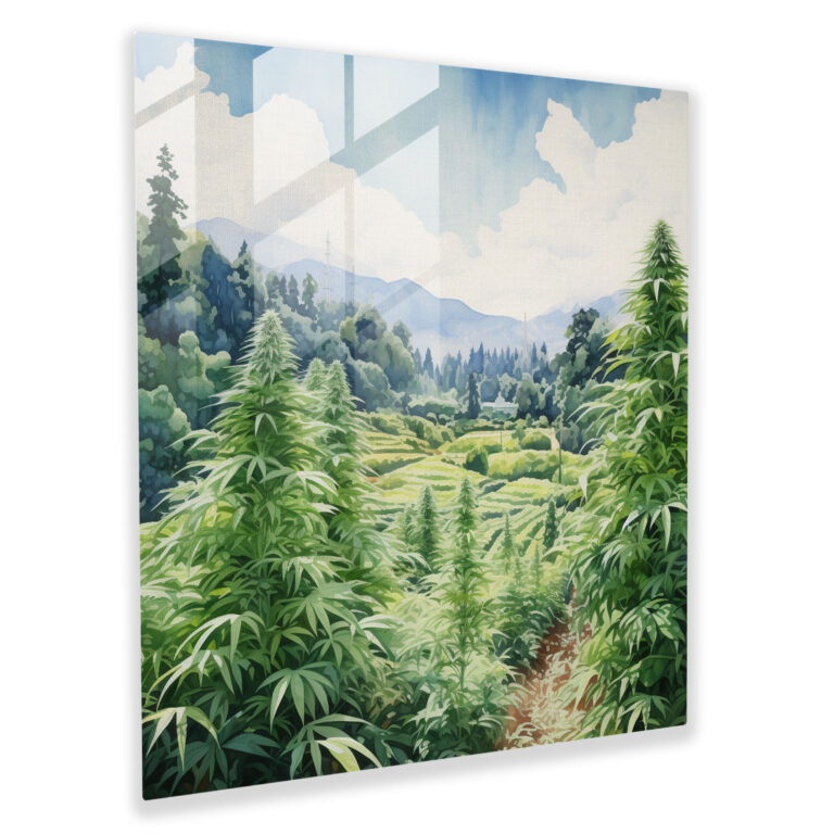 Marijuana Meadows Glass Print - Weed, Modern Art, Serene Landscape, Glass Wall Art