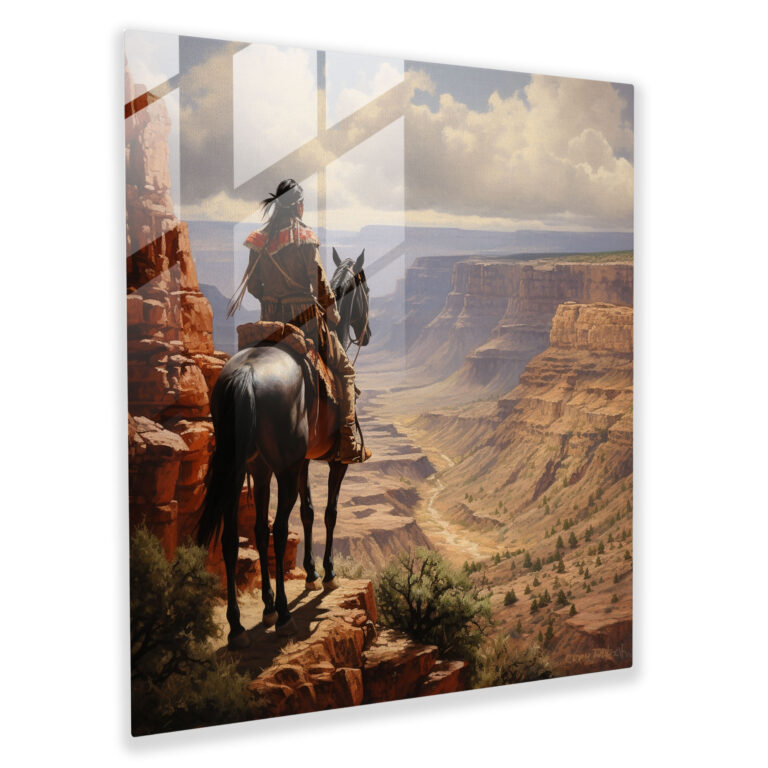 Realistic Glass Print: Native American Warrior on Horseback Overlooking Vast Canyon - Stunning Wall Art