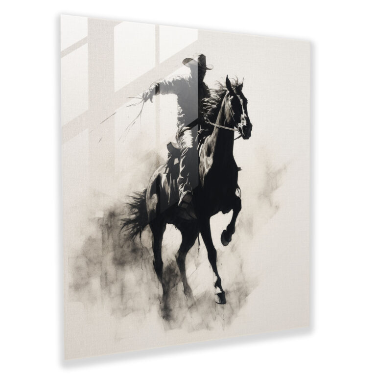 Minimalist Glass Print: Cowboy on Bucking Horse in Dramatic Contrast - Modern Wall Decoration