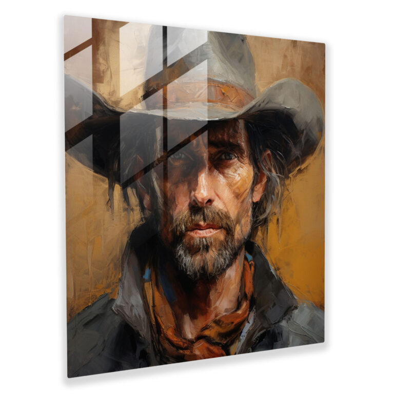 Bold Expressionist Glass Print: Weathered Cowboy's Face in Dramatic Close-Up - Artistic Wall Decor