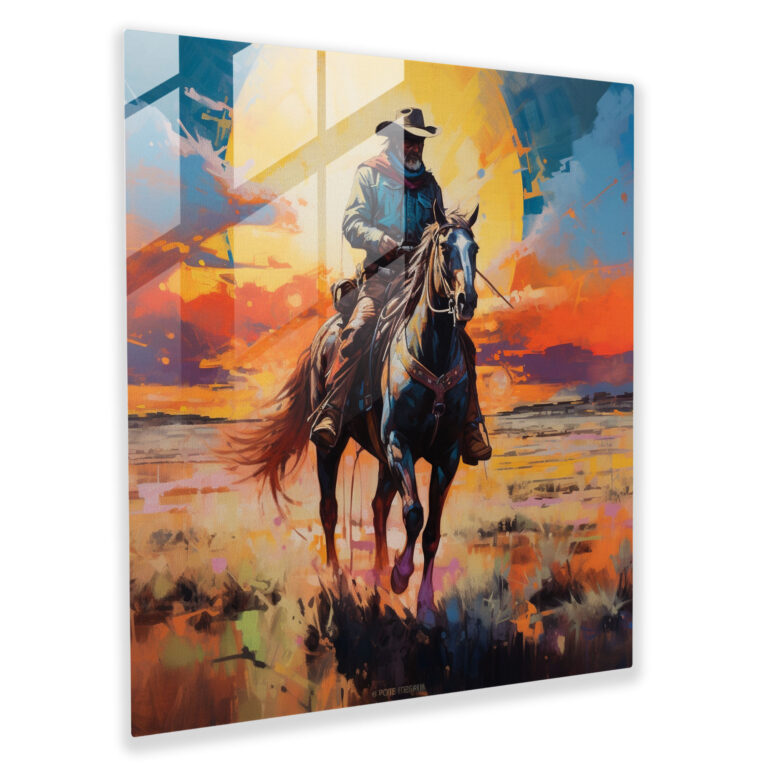 Captivating Glass Print - Abstract Expressionist Cowboy Galloping on the Plains - Modern Artwork Glass Wall Art