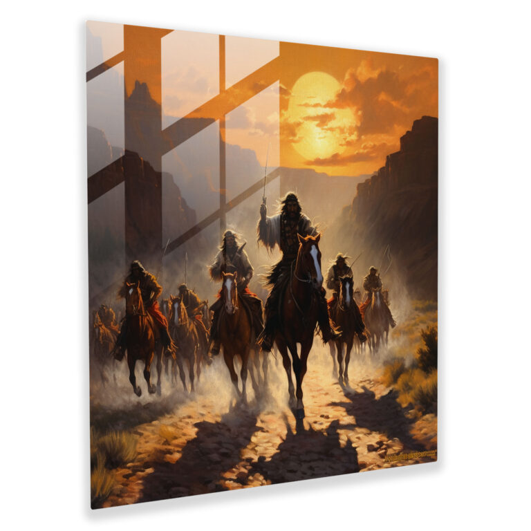 Exquisite Glass Print - Realistic Native American Warriors Riding through Desert - Wall Decoration Glass Art