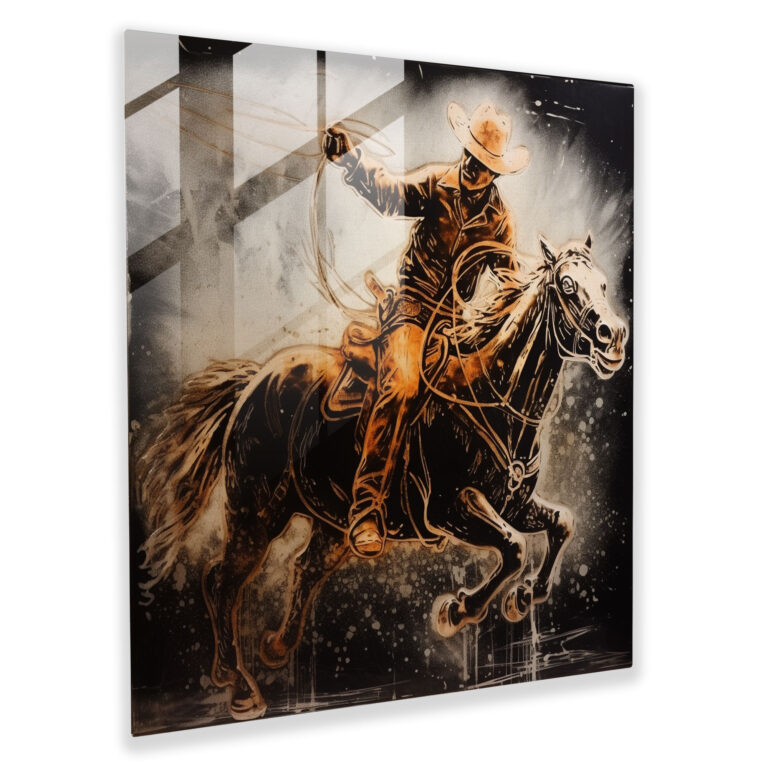 Majestic Glass Print - Old West-Inspired Rugged Cowboy on a Bucking Bronco - Wall Decor Glass Art
