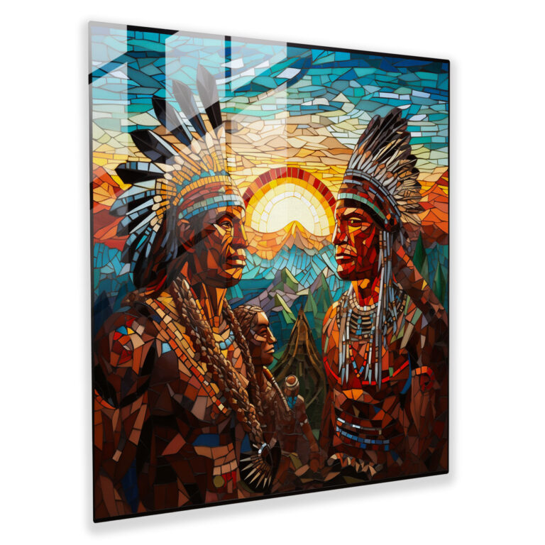 Native Warriors Glass Print, Contemporary Glass Mosaic, Home Decoration, Wall Decor, Glass Art, Modern Artwork
