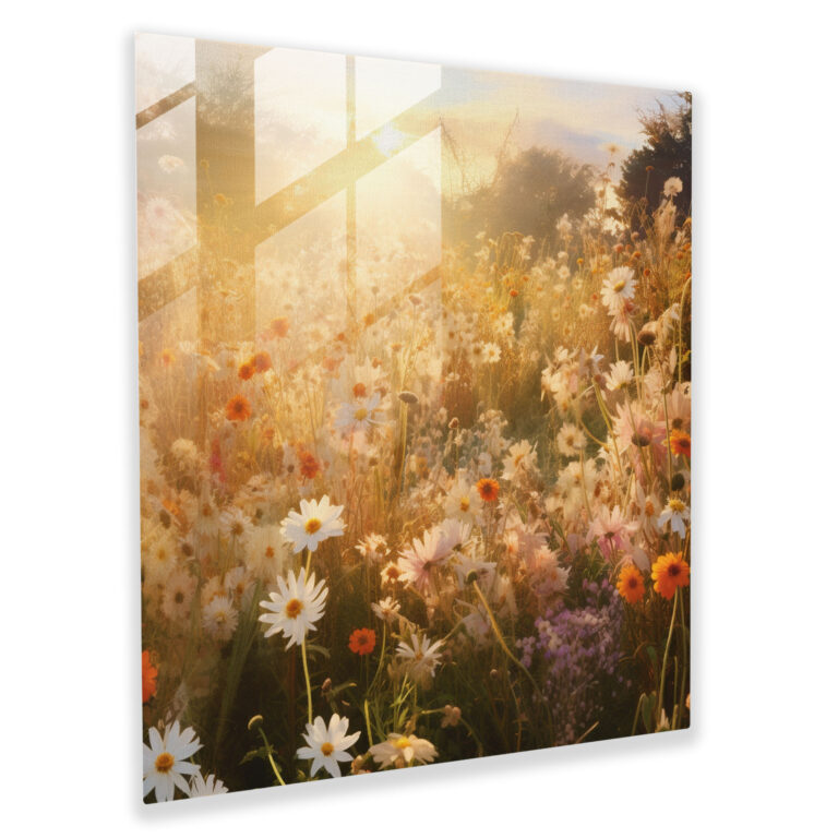 Golden Meadows Glass Print - Wildflower, Golden Sunlight, Contemporary Photograph, Wall Decoration