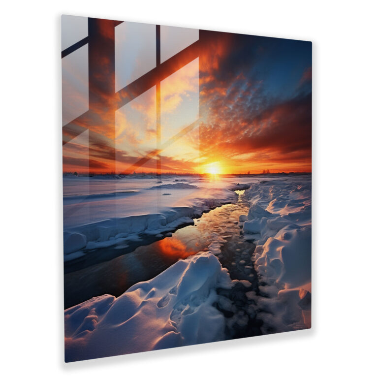 Snowy Sunset Glass Print - Winter, Photograph, Wall Decoration, Home Decoration