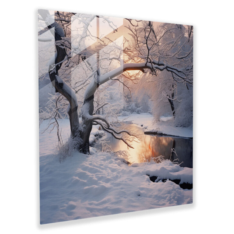 Winter Bliss Glass Print - Winter, Snow-Covered Branches, Modern Art, Wall Decoration
