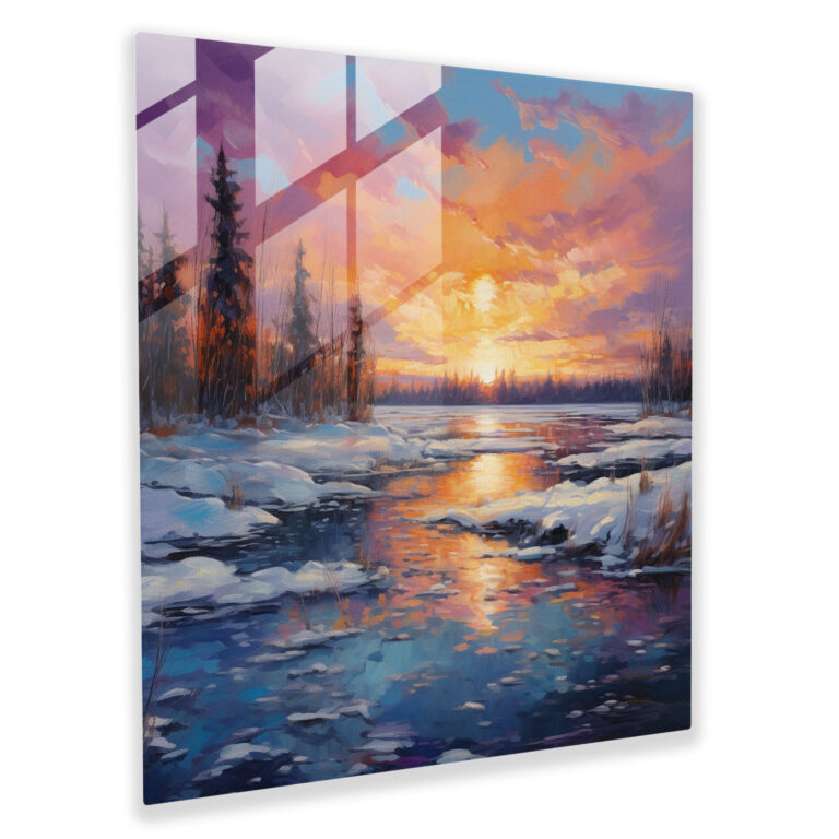 Vivid Winter Sunset Glass Print - Winter, Frozen Lake, Oil Painting, Winter Sunset