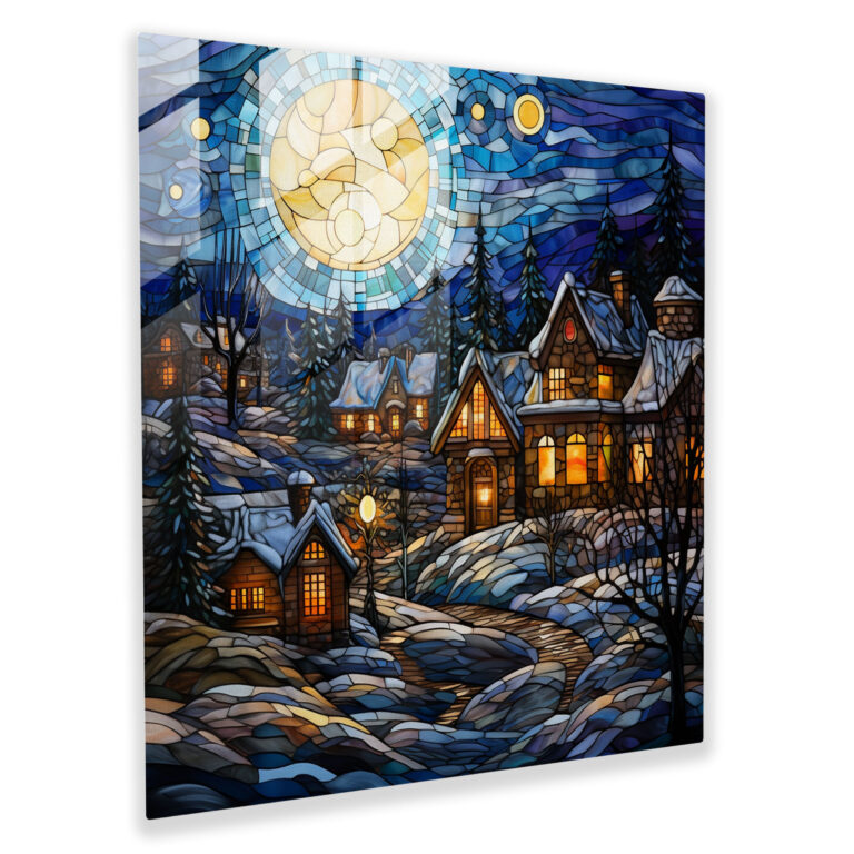Starlit Winter Village Glass Print - Winter, Glass Wall Art, Winter, Home Decoration