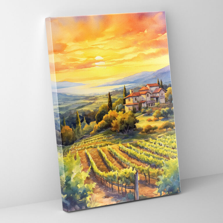 Wine Wall Art - Watercolor Vineyard Sunset - Wine, Wine Lover Gift, Canvas Print Home Decoration, Wine Wall Art