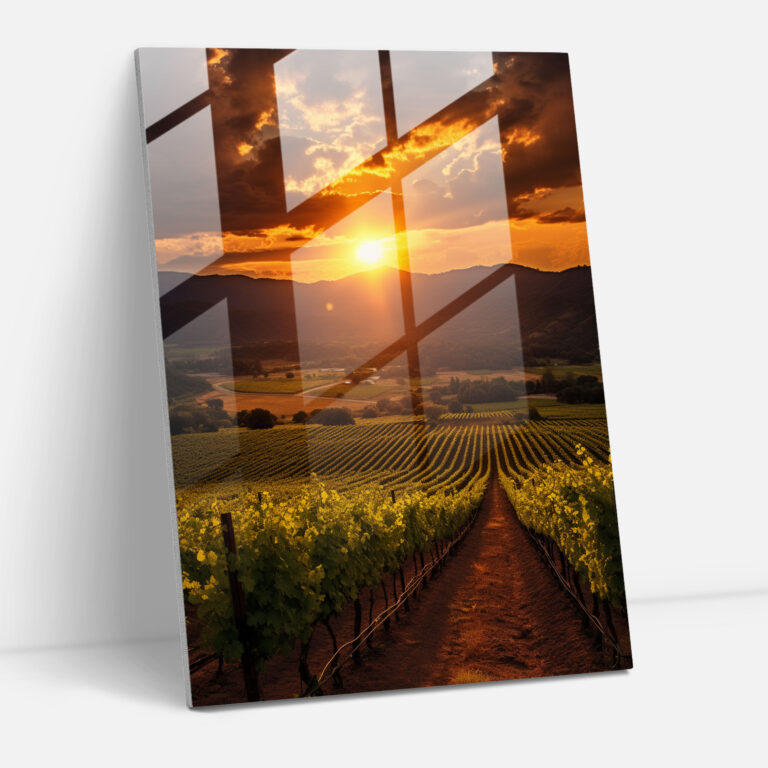 Wine Glass Print - Sunset Vineyard Glass Wall Art - Wine, Modern Art, Fine Art Photography, Glass Print
