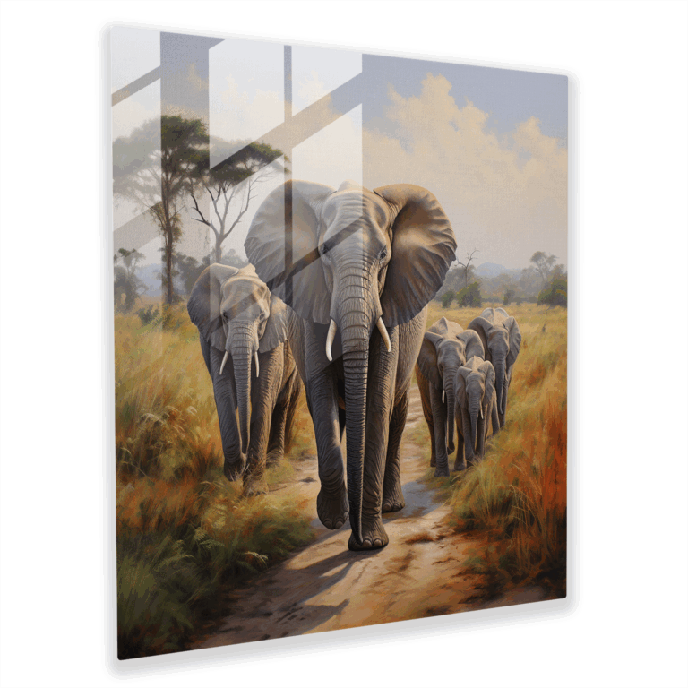 Artistic Glass Print– Serene African Elephant Family