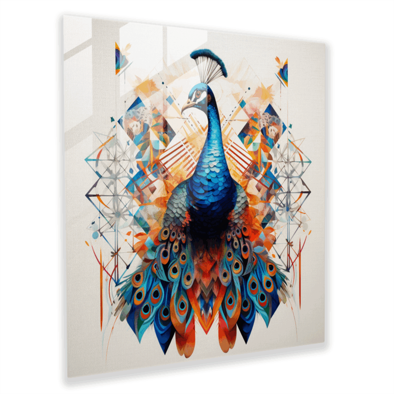 Vibrant Peacock Glass Print - Geometric Glass Wall Art for Home Decoration