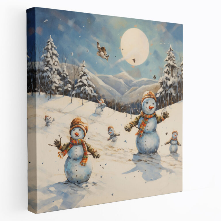 Winter Snowmen Canvas Print - Winter, Snowy Field, Wall Decoration, Home Decoration