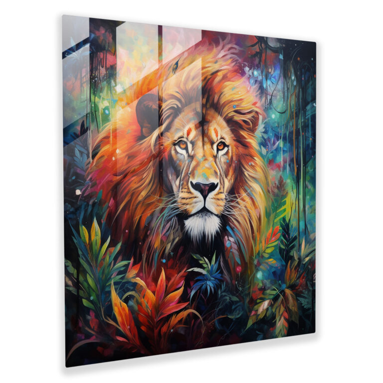 Wildlife Glass Print - Majestic Lion In Colorful Jungle - Wildlife, Modern Art, Wall Decoration, Home Decoration