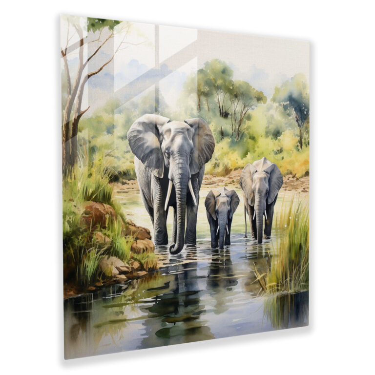 Wildlife Glass Wall Art - Family Of Elephants Near Serene River - Wildlife, Serene River, Watercolor Artwork, Wall Decoration