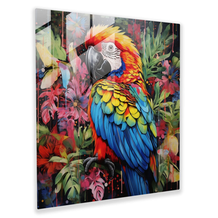 Wildlife Glass Wall Art - Vibrant Parrot In Tropical Foliage - Wildlife, Wildlife, Surreal Mixed Media Artwork, Glass Art
