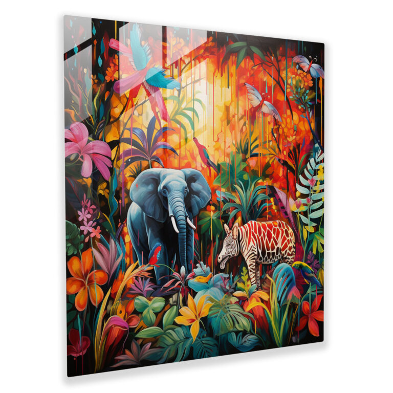 Wildlife Glass Print - Colorful Abstract Jungle - Wildlife, Wall Decoration, Glass Wall Art, Jungle