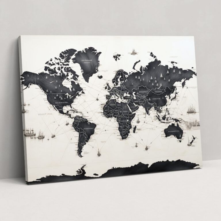 Black And White World Map Canvas Print - World Map, Intricate Details, Wall Art, Wall Decoration