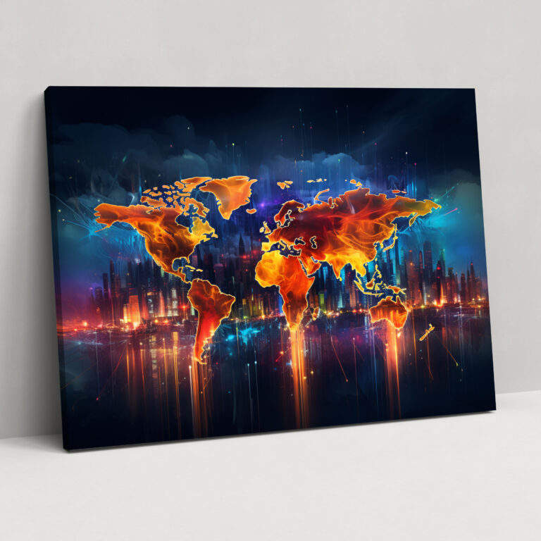 Futuristic World Map Wall Art - World Map, Canvas Wall Art, World Map, Wall Decoration
