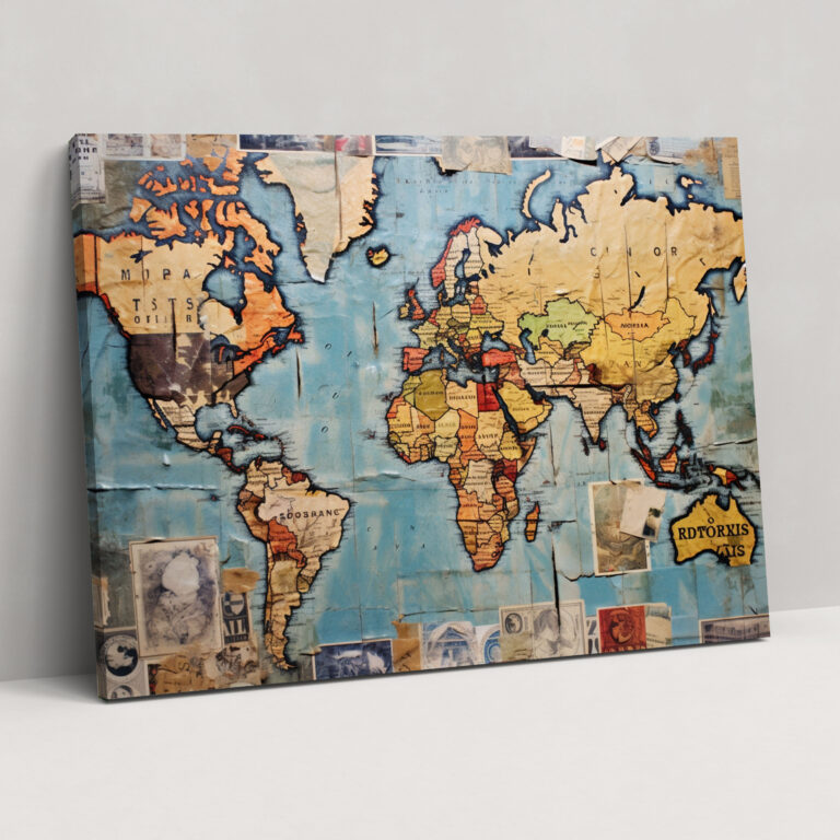 Collage World Map Canvas Print - World Map, Collage-Style, World Map, Stamps