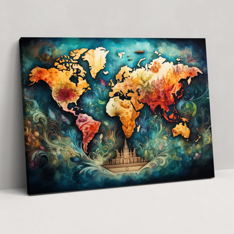 World Map Canvas Print - World Map, Vintage, Vibrant Colors, Intricate Details