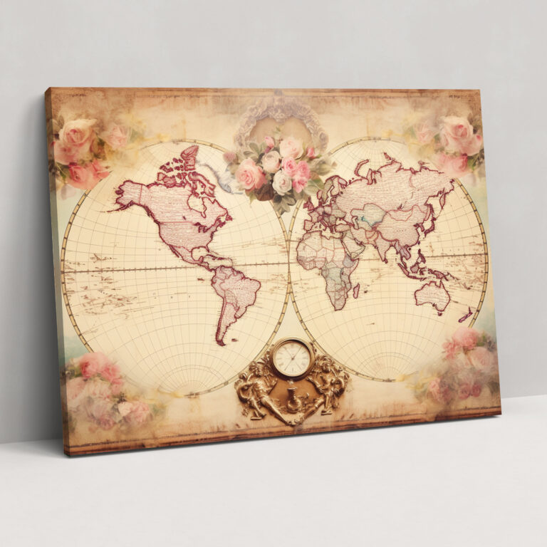 Romantic World Map Canvas Print - World Map, Faded Elegance, Home Decoration, Old-World Charm