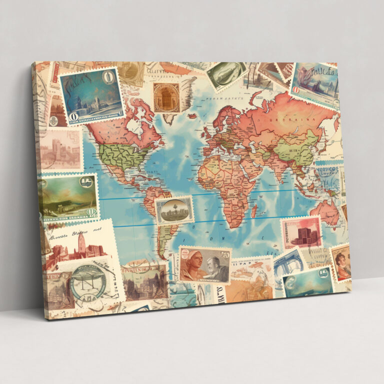 Vintage Travel Stamps World Map Wall Art - World Map, Canvas Wall Art, Wall Art, Wall Decoration