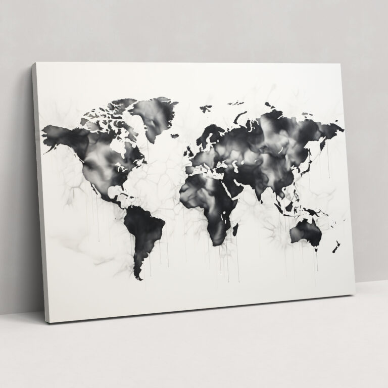 Black And White World Map Canvas Print - World Map, Wall Decoration, Contemporary, Wall Art
