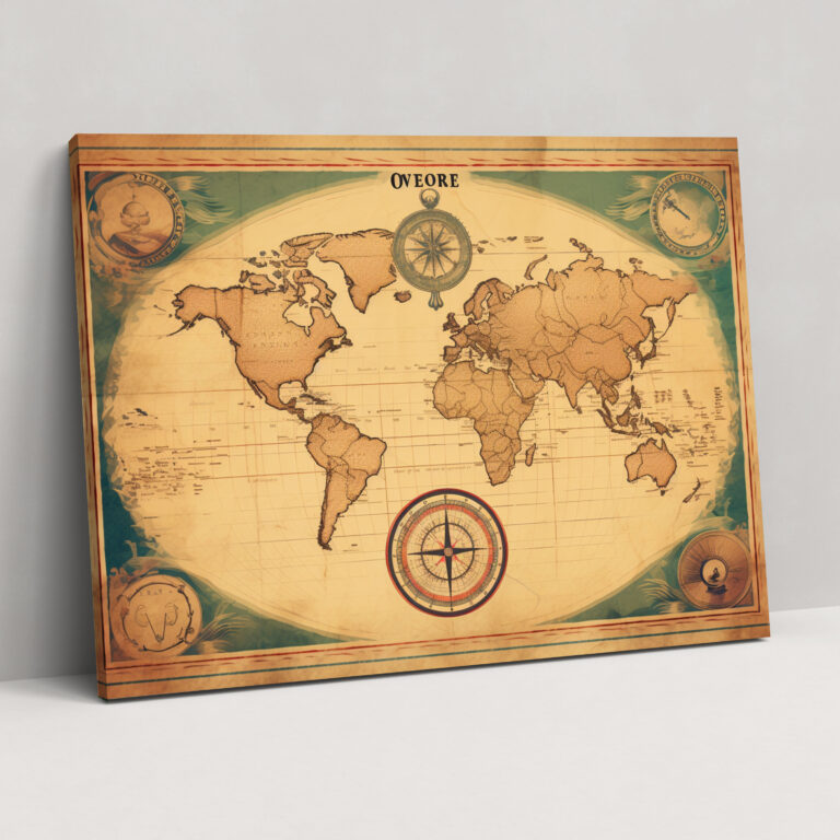 Vintage World Map Canvas Print - World Map, Compass Illustration, Vintage, Retro-Style