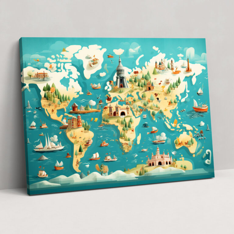 Colorful Illustrated World Map Wall Art - World Map, Canvas, Vibrant Hues, Illustrated