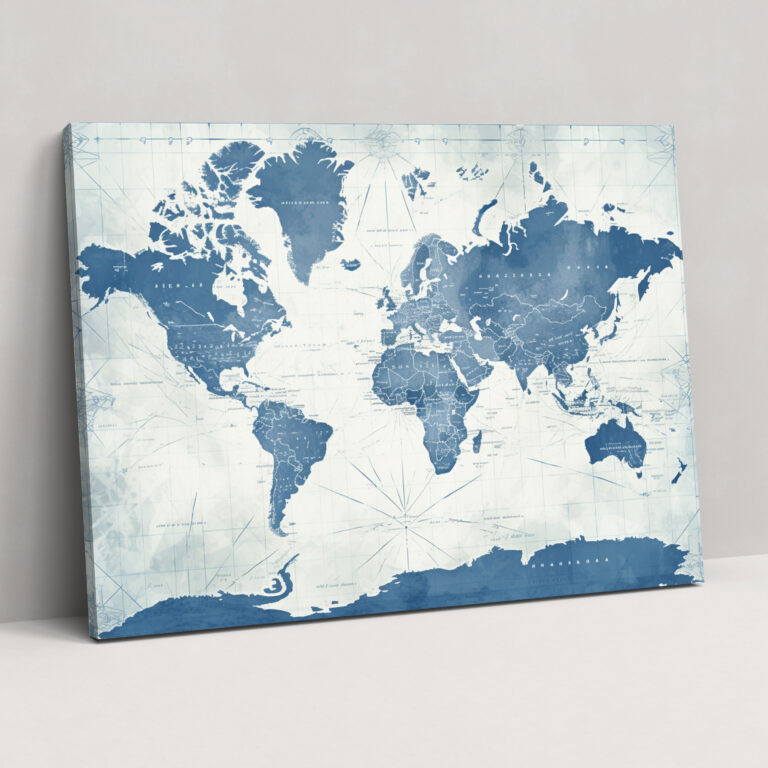 Vintage Blueprint World Map Canvas Print - World Map, Blueprint Paper Texture, Wall Art, World Map