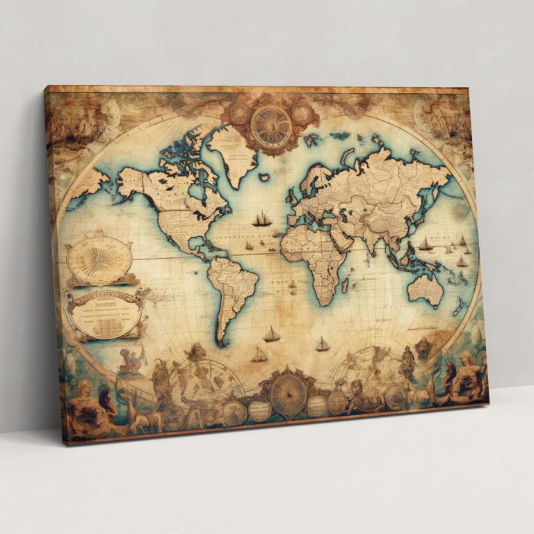 Vintage World Map Wall Art - World Map, Aged Paper Texture, Canvas Wall Art, Wall Art