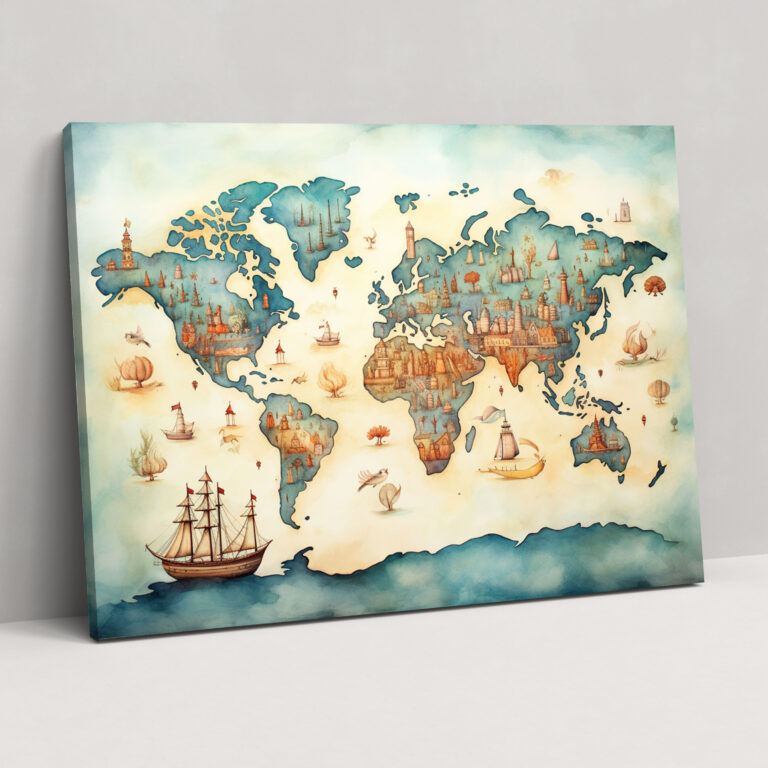 Whimsical World Map Canvas Print - World Map, Wall Art, Canvas, Wall Decoration
