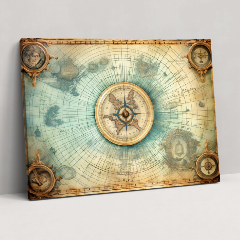 Vintage Nautical Map Canvas Print - World Map, Compass Illustrations, Vintage Nautical Chart, Home Decoration