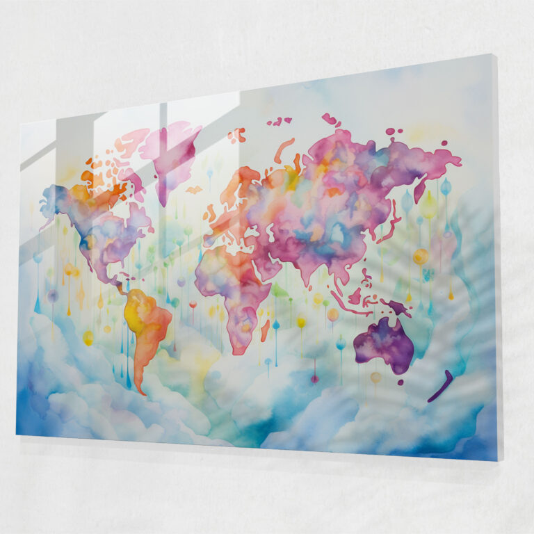[World Map] Glass Print - Whimsical Watercolors - World Map 2, Vibrant Colors, Glass Wall Art, Exploration