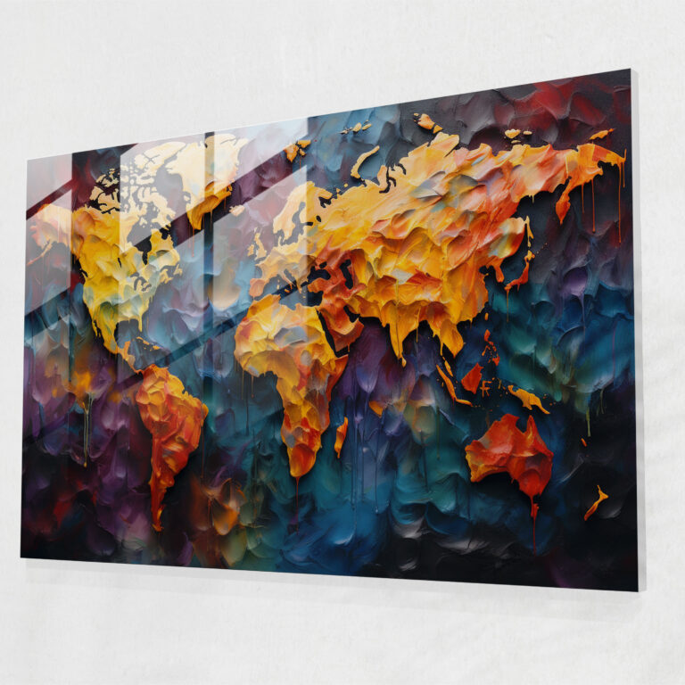 Oil Painting Glass Wall Art - World Map 2, Oil Painting, Wall Decoration, Fine Brush Strokes