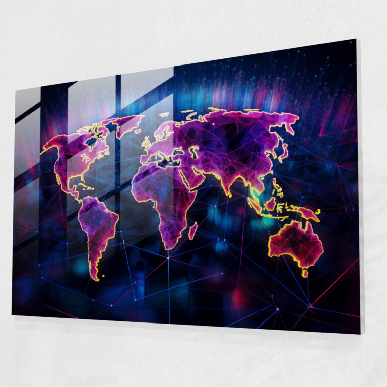 Futuristic Glass Print - World Map 2, Home Decoration, Wall Decoration, World Map