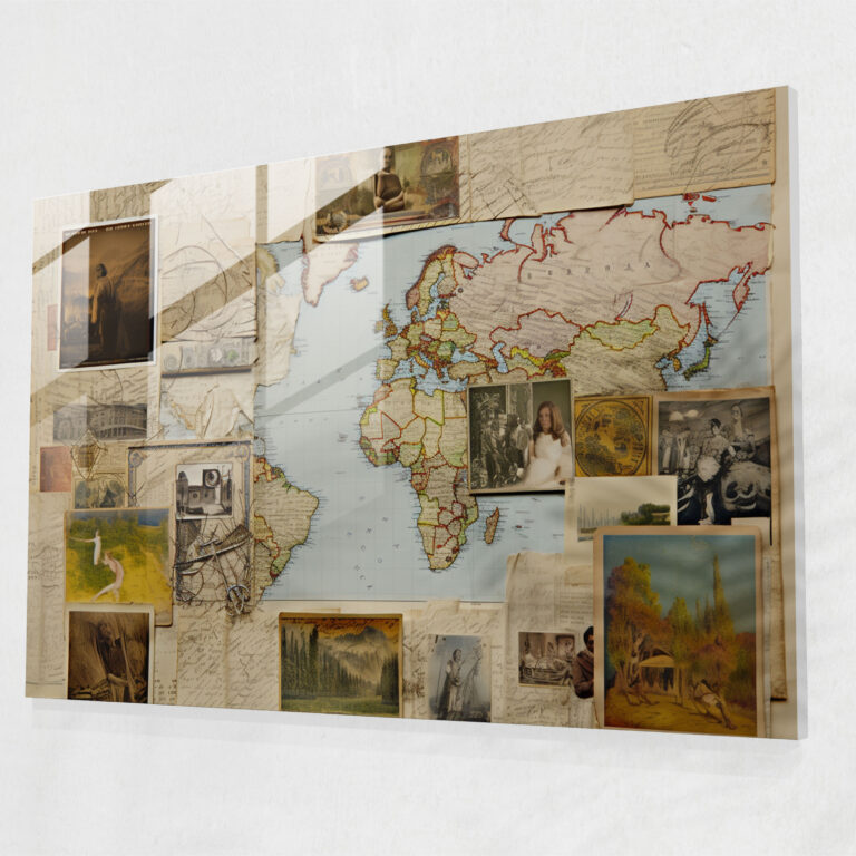 Vintage Postcard Glass Wall Art - World Map 2, Modern Art, Nostalgic, Wall Decoration