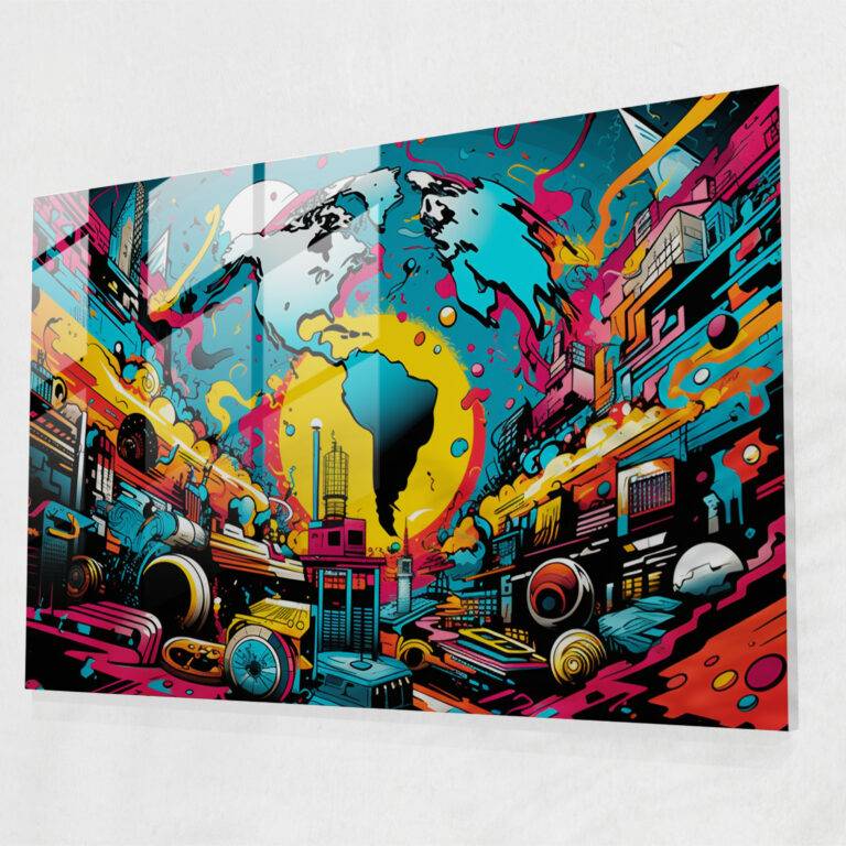 Pop Art Glass Print - World Map 2, Glass Print, Comic Book Inspired, Pop Art