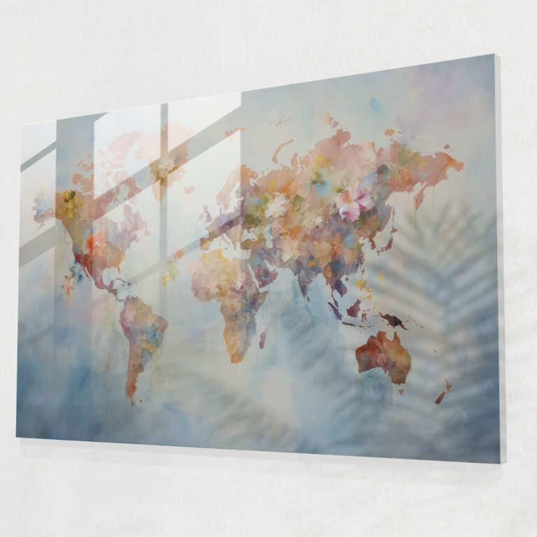 Impressionist Glass Print - World Map 2, Glass Print, Soft Brushstrokes, Impressionist Painting