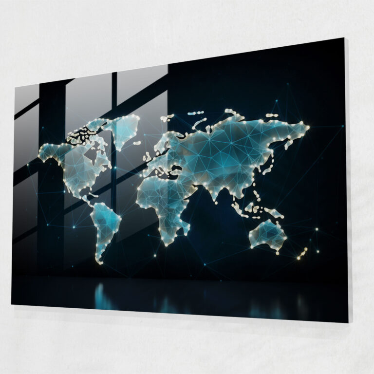 Geometric World Map Glass Print - World Map 2, Interconnectedness, Glass Art, Glass Print
