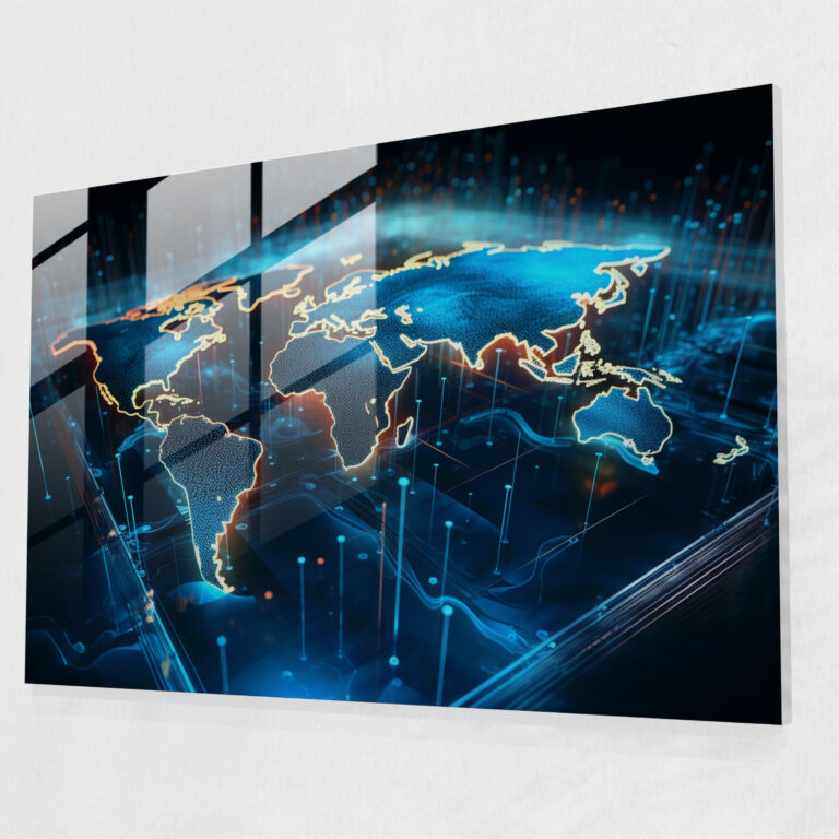 Neon World Map Glass Print - World Map 2, Neon Colors, Holographic Effect, Modern Art