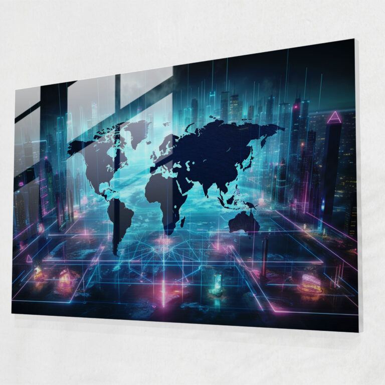 [World Map] Glass Wall Art - World Map 2, Neon Lights, Modern Art, World Map