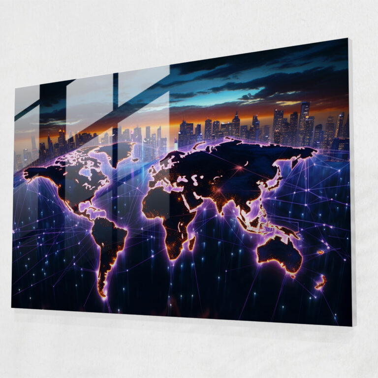 [World Map] Glass Wall Art - Futuristic Neon World Map - World Map 2, Modern Art, Glass Print, Sleek Design