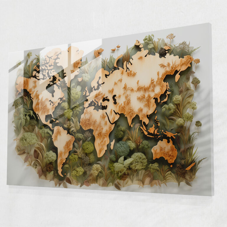 [World Map] Glass Wall Art - World Map 2, Nature-Inspired Artwork, Glass Art, Earthy Tones